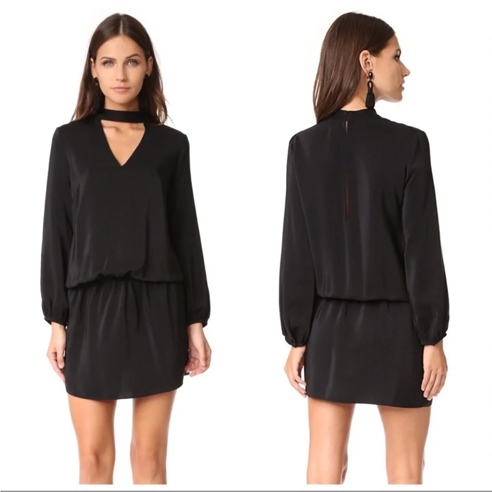 Amanda Uprichard Black Silk V‑Neck Choker Long‑Sleeve Mini Dress - Picture 2 of 6